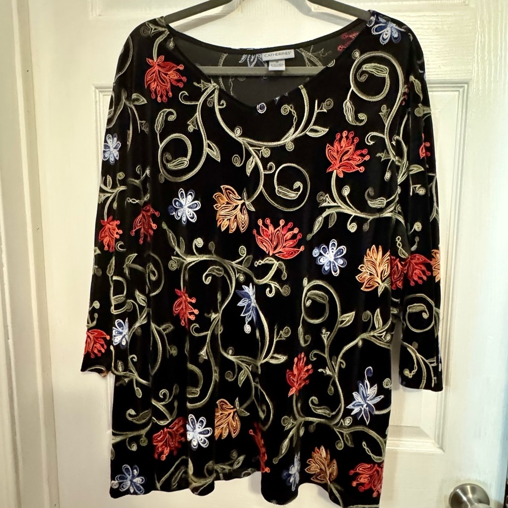 Catherines Black Velour Top with Embroidery